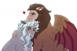 Size: 1600x1049 | Tagged: dead source, safe, artist:cascayd, imported from derpibooru, scorpan, star swirl the bearded, gargoyle, pony, unicorn, beard, cute, diascorpes, eyes closed, facial hair, gay, heart, hybrid wings, male, scorswirl, shipping, simple background, stallion, story in the source, swirlabetes, white background, wings