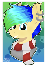 Size: 490x700 | Tagged: safe, artist:almond evergrow, imported from derpibooru, oc, oc only, pony, clothes, commission, ear piercing, gradient background, piercing, profile picture, scarf, solo