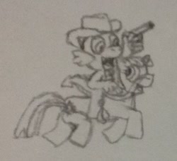 Size: 496x452 | Tagged: safe, artist:tarkan809, imported from derpibooru, spike, twilight sparkle, dragon, pony, cowboy, cowboy hat, dragons riding ponies, duo, gun, hat, horse riding, monochrome, pencil drawing, riding, traditional art, weapon