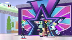 Size: 1280x720 | Tagged: safe, imported from derpibooru, screencap, desert sage, mile hill, orange sunrise, rainbow dash, waldo whereabout, zephyr breeze, equestria girls, equestria girls series, holidays unwrapped, spoiler:eqg series (season 2), ankles, background human, canterlot mall, cap, clothes, converse, dashing through the mall, female, geode of super speed, hat, magical geodes, male, no socks, pants, plusplus, shoes, skirt, sneakers, socks