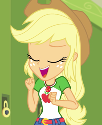 Size: 584x719 | Tagged: safe, imported from derpibooru, screencap, applejack, equestria girls, equestria girls series, holidays unwrapped, spoiler:eqg series (season 2), applejack's hat, clothes, cowboy hat, cropped, eyes closed, female, geode of super strength, hat, lockers, magical geodes, smiling