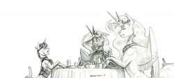 Size: 1600x718 | Tagged: safe, artist:baron engel, imported from derpibooru, princess celestia, princess luna, oc, oc:phoenix, alicorn, pony, female, mare, monochrome, pencil drawing, royal sisters, story included, traditional art, unicorn oc