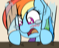 Size: 2451x2034 | Tagged: safe, artist:ashtoneer, imported from derpibooru, rainbow dash, pegasus, pony, blurry, blushing, female, mare, meme, motion blur, motion blur meme, open mouth, reaction image, solo, table