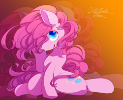 Size: 1100x900 | Tagged: safe, artist:zakro, imported from derpibooru, pinkie pie, earth pony, pony, female, hair over one eye, kneeling, looking at you, mare, smiling, solo, zoom layer