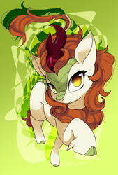 Size: 1378x2039 | Tagged: safe, artist:zakro, imported from derpibooru, autumn blaze, kirin, sounds of silence, awwtumn blaze, colored pupils, cute, female, green background, looking at you, pixiv, raised hoof, solo