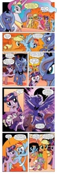 Size: 651x1963 | Tagged: safe, artist:amy mebberson, artist:amymebberson, edit, idw, imported from derpibooru, applejack, fluttershy, pinkie pie, princess celestia, princess luna, rainbow dash, twilight sparkle, alicorn, dragon, earth pony, pegasus, pony, unicorn, comic:friendship is dragons, spoiler:comic, spoiler:comic08, angry, annoyed, bipedal, book, bookcase, bookshelf, comic, dialogue, ethereal mane, female, finger in mouth, flying, golden oaks library, hoof shoes, hug, looking up, male, mare, nightmare rarity (arc), raised hoof, rearing, s1 luna, sad, scared, slit eyes, slit pupils, smiling, text edit, unicorn twilight