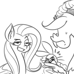 Size: 500x500 | Tagged: safe, artist:reiduran, imported from derpibooru, angel bunny, discord, fluttershy, draconequus, pegasus, pony, she talks to angel, blushing, body swap, female, grin, implied discoshy, implied shipping, implied straight, mare, monochrome, simple background, smiling, smug, sweat, white background