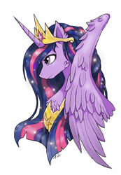 Size: 900x1300 | Tagged: safe, artist:joselyn565, imported from derpibooru, twilight sparkle, alicorn, pony, the last problem, bust, crown, female, folded wings, jewelry, older, peytral, portrait, princess twilight 2.0, profile, regalia, signature, simple background, smiling, solo, twilight sparkle (alicorn), white background, wings