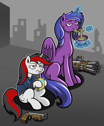 Size: 1200x1447 | Tagged: safe, artist:wangkingfun, imported from derpibooru, oc, oc only, oc:blackjack, oc:lacunae, alicorn, pony, unicorn, fallout equestria, fallout equestria: project horizons, alicorn oc, artificial alicorn, clothes, drinking, eating, fanfic, fanfic art, female, food, glowing horn, hooves, horn, juice, juice box, jumpsuit, levitation, magic, mare, minigun, noodles, purple alicorn (fo:e), ramen, ramen face, simple background, sitting, telekinesis, transparent background, vault suit, wings
