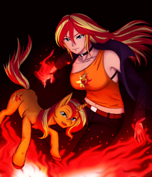 Size: 3000x3500 | Tagged: safe, artist:rittaruzira, imported from derpibooru, sunset shimmer, human, pony, unicorn, anime style, breasts, busty sunset shimmer, clothes, female, fiery shimmer, fire, high res, human ponidox, humanized, jacket, pants, self ponidox, solo