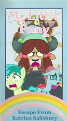 Size: 646x1158 | Tagged: safe, imported from derpibooru, ocellus, sandbar, yona, changedling, changeling, earth pony, pony, yak, escape from catrina, female, katrina salisbury, male, parody, pun, stallion, voice actor joke
