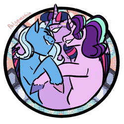 Size: 1063x1063 | Tagged: safe, artist:lieutenantcactus, artist:polyquestria, imported from derpibooru, starlight glimmer, trixie, twilight sparkle, pony, unicorn, eyes closed, female, lesbian, mare, nonbinary, polyamory, shipping, startrix, twistarlight, twixie, twixstar