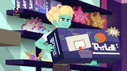 Size: 1280x720 | Tagged: safe, imported from derpibooru, screencap, zephyr breeze, equestria girls, equestria girls series, holidays unwrapped, spoiler:eqg series (season 2), basketball, clothes, dashing through the mall, male, pants, plusplus, smiling, sports, toy