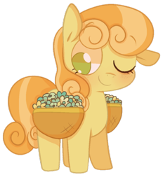 Size: 500x538 | Tagged: safe, artist:pinkiespresent, imported from derpibooru, junebug, earth pony, pony, background pony, basket, cute, ear down, female, flower, junebetes, mare, no pupils, one ear down, one eye closed, saddle basket, simple background, solo, transparent background