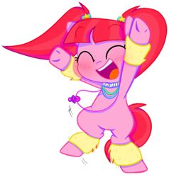 Size: 500x526 | Tagged: safe, artist:pinkiespresent, imported from derpibooru, pacific glow, earth pony, pony, bipedal, blushing, cute, eyes closed, female, glowbetes, happy, leg warmers, mare, open mouth, pacifier, pigtails, simple background, solo, transparent background, vector, weapons-grade cute