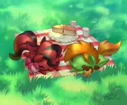 Size: 1378x1146 | Tagged: safe, artist:holivi, imported from derpibooru, cheese sandwich, pinkie pie, oc, earth pony, pony, bow, chibi, commission, food, picnic, picnic blanket, pie, plushie