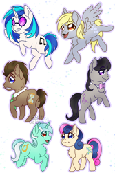 Size: 3600x5400 | Tagged: safe, artist:8bitgalaxy, imported from derpibooru, bon bon, derpy hooves, dj pon-3, doctor whooves, lyra heartstrings, octavia melody, sweetie drops, time turner, vinyl scratch, earth pony, pegasus, pony, unicorn, adorabon, background six, chest fluff, chibi, cute, derpabetes, doctor who, doctorbetes, female, lyrabetes, male, mare, mouth hold, signature, simple background, sonic screwdriver, stallion, tavibetes, the doctor, vinylbetes, white background