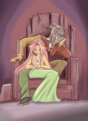 Size: 759x1042 | Tagged: safe, artist:dinakyo, imported from derpibooru, discord, fluttershy, anthro, rabbit, animal, clothes, discoshy, dress, female, male, shipping, straight, suit, throne