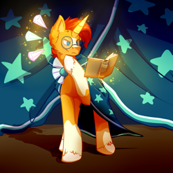 Size: 1377x1377 | Tagged: safe, artist:voxaz, imported from derpibooru, sunburst, pony, unicorn, book, clothes, coat markings, crystal, glowing horn, hoof on chin, horn, magic, male, reading, robe, socks (coat marking), socks (coat markings), solo, stallion, sunburst's cloak, sunburst's robe, telekinesis, thinking