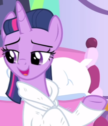 Size: 620x718 | Tagged: safe, imported from derpibooru, screencap, twilight sparkle, alicorn, pony, rarity's biggest fan, spoiler:interseason shorts, alternate hairstyle, bathrobe, clothes, cropped, cute, female, lidded eyes, mare, open mouth, ponyville spa, robe, smiling, solo, spa, twiabetes, twilight sparkle (alicorn)