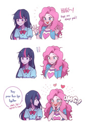 Size: 1000x1500 | Tagged: safe, artist:dcon, imported from derpibooru, pinkie pie, twilight sparkle, human, equestria girls, equestria girls (movie), cute, dialogue, diapinkes, duo, eyebrows, eyebrows visible through hair, female, heart, implied appledash, implied lesbian, implied shipping, open mouth, parody, scene parody, sexually oblivious