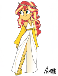 Size: 1000x1300 | Tagged: safe, artist:artmlpk, imported from derpibooru, sunset shimmer, equestria girls, clothes, costume, cute, female, greek, greek clothes, greek mythology, shimmerbetes, simple background, solo, white background