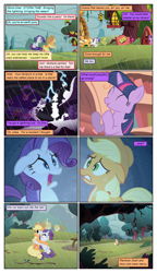 Size: 612x1061 | Tagged: safe, artist:newbiespud, artist:winged cat, edit, edited screencap, imported from derpibooru, screencap, applejack, rarity, twilight sparkle, earth pony, pony, unicorn, comic:friendship is dragons, look before you sleep, clapping, collaboration, comic, dialogue, eyes closed, female, floppy ears, freckles, golden oaks library, gritted teeth, hat, hooves, horn, hug, implied fluttershy, implied pinkie pie, implied rainbow dash, lightning, mare, open mouth, rain, running, scared, screencap comic, sitting, smiling, storm, tree, unicorn twilight