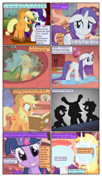 Size: 612x1061 | Tagged: safe, artist:newbiespud, artist:winged cat, edit, edited screencap, imported from derpibooru, screencap, applejack, rarity, twilight sparkle, earth pony, pony, unicorn, comic:friendship is dragons, annoyed, book, bookcase, bookshelf, collaboration, comic, dialogue, eyes closed, golden oaks library, grin, hat, hose, implied rainbow dash, ladder, looking at each other, mouth hold, mud, offscreen character, pillow, pillow fight, rain, screencap comic, smiling, unicorn twilight, wet, wet mane, wet mane rarity, worried