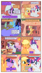 Size: 612x1061 | Tagged: safe, artist:newbiespud, artist:winged cat, edit, edited screencap, imported from derpibooru, screencap, applejack, rarity, twilight sparkle, earth pony, pony, unicorn, comic:friendship is dragons, ..., alternate hairstyle, bed, book, bookcase, bookshelf, collaboration, comic, covering ears, dialogue, eyes closed, female, freckles, golden oaks library, hair curlers, hanging, implied fluttershy, implied rainbow dash, mare, mouth hold, music notes, on back, pillow, pillow fight, ponyloaf, prone, rope, screencap comic, singing, smiling, unicorn twilight, wide eyes