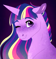 Size: 872x917 | Tagged: safe, artist:cascayd, imported from derpibooru, twilight sparkle, pony, constellation, cute, female, floppy ears, freckles, looking at you, mare, one eye closed, rainbow ponies, smiling, solo, stars, twiabetes, wink