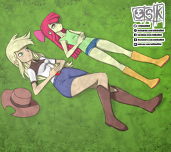 Size: 1559x1386 | Tagged: safe, artist:oldskullkid, imported from derpibooru, apple bloom, applejack, equestria girls, apple sisters, boots, clothes, cowboy boots, cowboy hat, cute, duo, female, hat, jeans, looking up, lying down, on back, pants, shirt, shoes, shorts, siblings, sisters, skirt