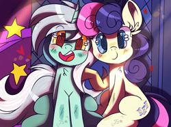 Size: 1700x1268 | Tagged: safe, artist:jxst-starly, imported from derpibooru, bon bon, lyra heartstrings, pony, adorabon, blushing, cute, female, floating heart, heart, lesbian, looking at you, lyrabetes, lyrabon, photo booth, scene interpretation, shipping, sitting, smiling