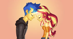 Size: 1280x698 | Tagged: safe, artist:bevin brand, imported from derpibooru, flash sentry, sunset shimmer, equestria girls, equestria girls series, blouse, clothes, duo, eyes closed, female, flashimmer, friendship, geode of empathy, hoodie, magical geodes, male, official fan art, profile, shipping, straight