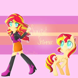Size: 894x894 | Tagged: safe, artist:drsunnybun, imported from derpibooru, sunset shimmer, pony, unicorn, equestria girls, abstract background, duo, female, mare, self ponidox, smiling