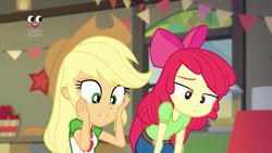 Size: 1280x720 | Tagged: safe, imported from derpibooru, screencap, apple bloom, applejack, equestria girls, equestria girls series, holidays unwrapped, spoiler:eqg series (season 2), applejack's hat, bow, cowboy hat, female, geode of super strength, hair bow, hat, magical geodes, plusplus, the cider louse fools