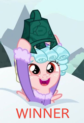Size: 318x466 | Tagged: safe, edit, edited screencap, imported from derpibooru, screencap, cozy glow, pony, frenemies (episode), clothes, cropped, female, grogar's bell, meme, snow, solo, sweater, winter outfit