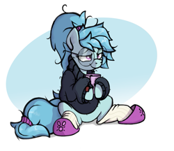 Size: 819x707 | Tagged: safe, artist:rexyseven, imported from derpibooru, oc, oc only, oc:whispy slippers, earth pony, pony, clothes, coffee mug, female, food, glasses, hoof hold, mare, mug, sitting, slippers, socks, solo, sweater, tea, teabag, turtleneck