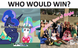 Size: 802x500 | Tagged: safe, imported from derpibooru, princess celestia, princess luna, bronycon, between dark and dawn, deleuze, meme, oedipus, op is a duck, op is trying to start shit, philosophy, post office, text, who would win