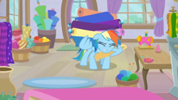 Size: 1600x900 | Tagged: safe, imported from derpibooru, screencap, rainbow dash, pony, dragon dropped, barrel, barrels, carrying, curtains, fabric, female, heavy, heavy lifting, knitting needles, mare, rolls, sewing machine, solo, struggling, table, vase, window, yarn