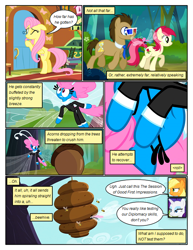 Size: 612x792 | Tagged: safe, artist:newbiespud, edit, edited screencap, imported from derpibooru, screencap, applejack, doctor whooves, fluttershy, rainbow dash, rarity, roseluck, seabreeze, time turner, bee, breezie, earth pony, pegasus, pony, unicorn, comic:friendship is dragons, 3d glasses, acorn, background pony, beehive, clothes, comic, dialogue, female, flying, freckles, hat, looking up, male, mare, peephole, screencap comic, speech bubble, stallion