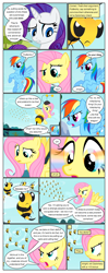 Size: 612x1552 | Tagged: safe, artist:newbiespud, edit, edited screencap, imported from derpibooru, screencap, fluttershy, rainbow dash, rarity, bee, pegasus, pony, unicorn, comic:friendship is dragons, ..., angry, animal costume, annoyed, bee costume, clothes, comic, costume, dialogue, eyes closed, facehoof, female, flying, glowing eyes, grin, mare, screencap comic, smiling, smirk, speech bubble