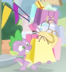 Size: 824x900 | Tagged: safe, edit, edited screencap, imported from derpibooru, screencap, spike, dragon, dragon dropped, bags, carrying, cropped, lifting, male, shopping bag, shopping bags, solo, struggling, sweat, winged spike, wings