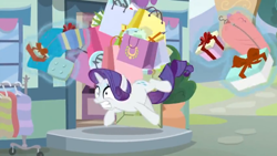 Size: 1600x900 | Tagged: safe, imported from derpibooru, screencap, rarity, pony, dragon dropped, falling, female, gift box, levitation, magic, mare, present, shopping bag, shopping bags, slipping, solo, struggling, telekinesis