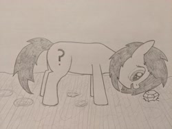 Size: 4032x3024 | Tagged: safe, artist:craftycirclepony, imported from derpibooru, oc, oc only, oc:filly anon, earth pony, pony, dirt, eye shimmer, female, filly, gem, happy, hoofprints, jewel, looking down, question mark, sketch, smiling, solo, sparkles, traditional art