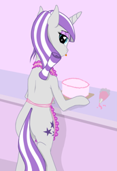 Size: 1377x2000 | Tagged: safe, artist:azurek, imported from derpibooru, twilight velvet, semi-anthro, unicorn, :p, apron, baking, cake, clothes, female, food, heart eyes, looking at you, looking back, looking back at you, mare, solo, tongue out, wingding eyes