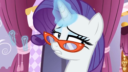 Size: 1600x900 | Tagged: safe, imported from derpibooru, screencap, rarity, pony, dragon dropped, curtains, female, glasses, levitation, magic, mare, pins, rarity's glasses, solo, telekinesis