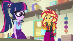 Size: 1280x720 | Tagged: safe, imported from derpibooru, screencap, sci-twi, sunset shimmer, twilight sparkle, equestria girls, equestria girls series, holidays unwrapped, spoiler:eqg series (season 2), cellphone, clothes, geode of empathy, geode of telekinesis, glasses, magical geodes, pencil, phone, plusplus, ponytail, skirt, smartphone