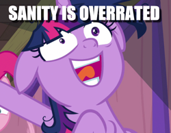 Size: 764x592 | Tagged: safe, edit, edited screencap, imported from derpibooru, screencap, twilight sparkle, alicorn, a trivial pursuit, caption, cropped, floppy ears, image macro, insanity, messy mane, offscreen character, solo focus, text, twilight snapple, twilight sparkle (alicorn), twilynanas