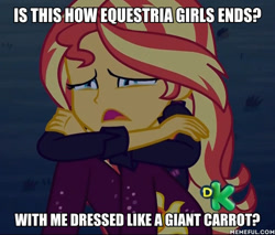 Size: 600x512 | Tagged: safe, edit, edited screencap, imported from derpibooru, screencap, sunset shimmer, equestria girls, equestria girls series, holidays unwrapped, sunset's backstage pass!, spoiler:eqg series (season 2), caption, cropped, discussion by background ponies, discussion in the comments, female, image macro, memeful.com, sad, solo, sunsad shimmer, text, the end of equestria girls, thems the breaks