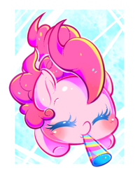 Size: 410x512 | Tagged: safe, artist:tamabel, imported from derpibooru, pinkie pie, pony, abstract background, blushing, chibi, cute, diapinkes, eyes closed, female, party horn, solo